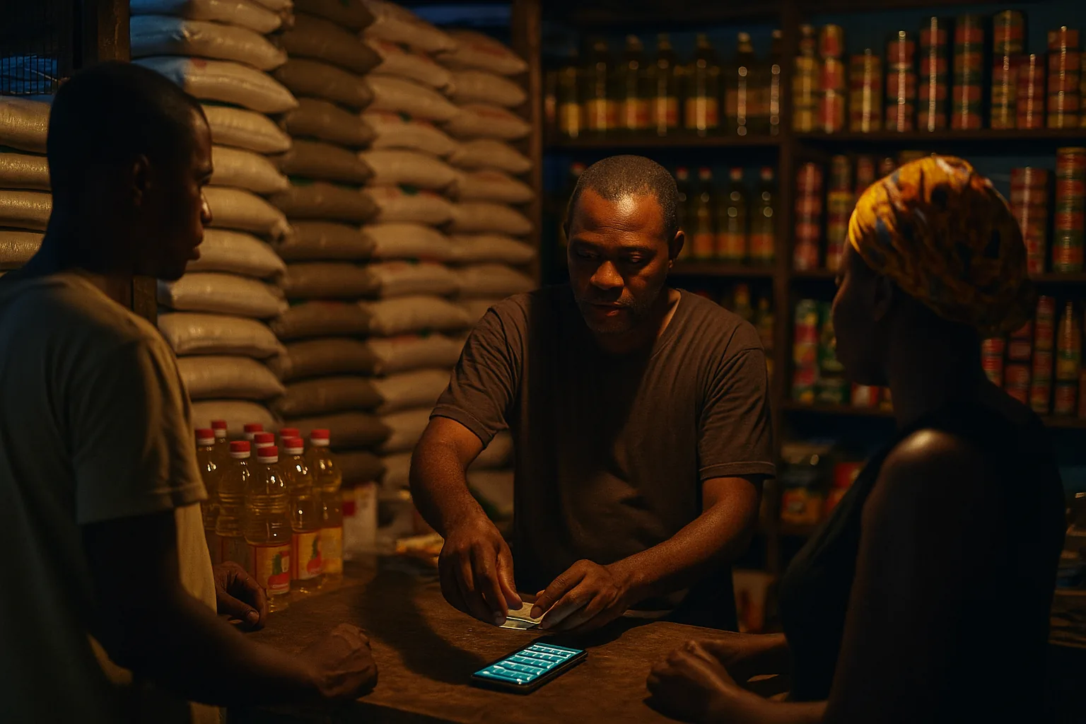 An Abidjan grocer serves customers while his phone fills with messages