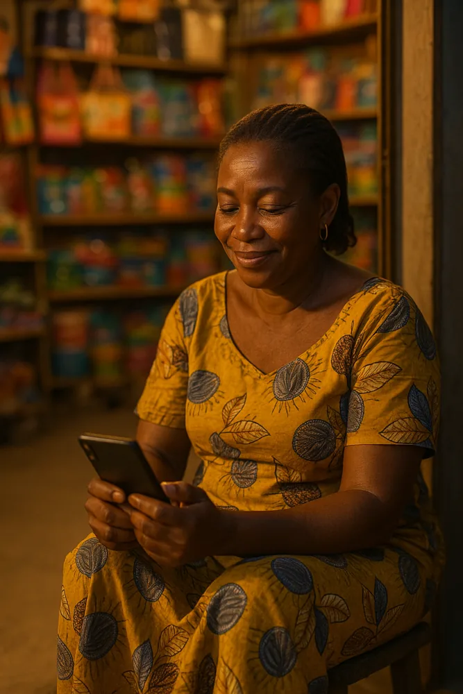 A relaxed shop owner checks her sales on her phone in the evening outside her shop