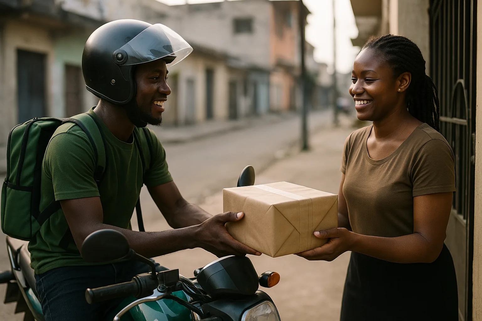 A delivery rider on a motorbike hands a parcel to a smiling customer in Abidjan
