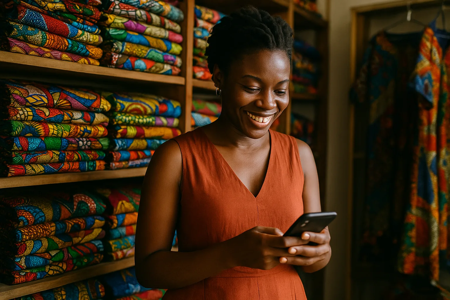 An Ivorian shop owner reads a message on her phone in her fabric boutique